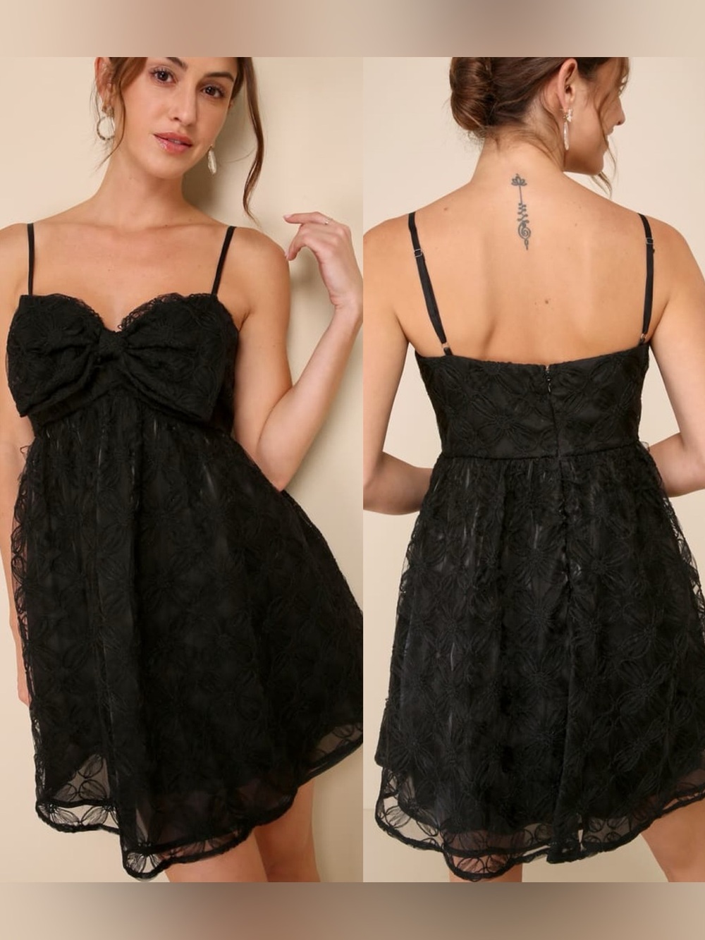 Lulus | Charming Intent Black Mesh Floral Applique Bow Mini Dress
